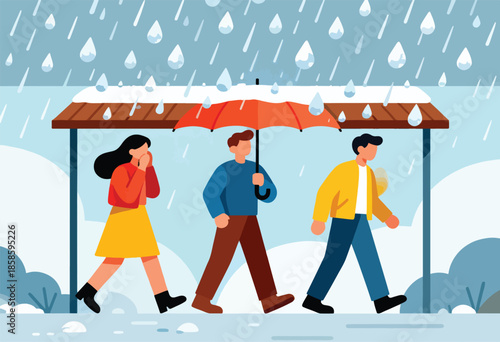 People walking under a shelter during a heavy rain shower with snow on the roof