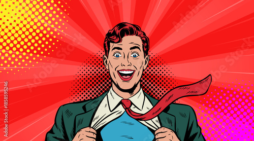 A male superhero rips off his shirt in pop art style.