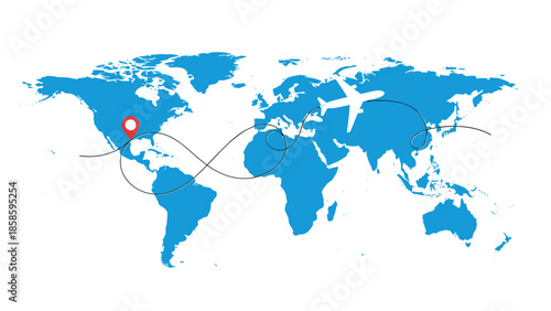 World map with a location pin in North America and a flight path shown by a dotted line with an airplane icon traveling across the continents.