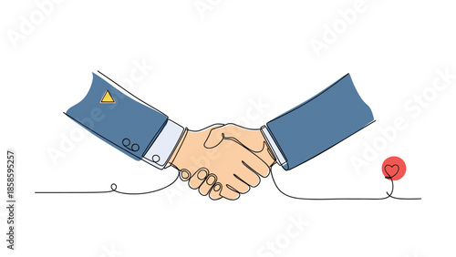 Professional handshake between two business people with a thin black line connecting them to a small red circle containing a heart shape icon.