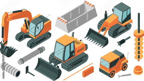 Isometric construction machinery set with excavator, bulldozer, road equipment and accessories, heavy construction vehicles vector illustration collection