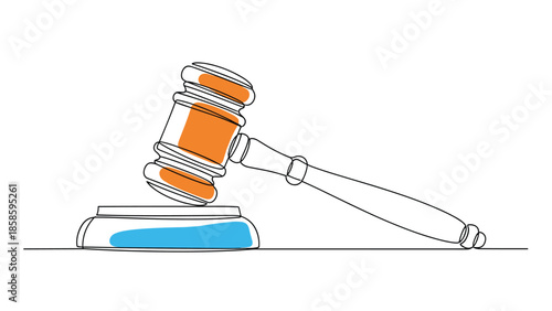 Classic wooden judge gavel and block set against a white background with colorful orange and blue abstract shapes in a clean line art style.
