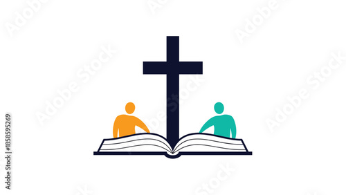 Religious icon featuring a large cross above an open book with two human figures sitting on the pages to represent study, faith, and community.