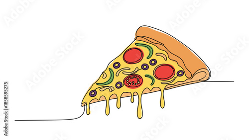 Tempting slice of pizza with melting cheese, pepperoni, bell peppers, tomatoes, and olives drawn in a vibrant and clean continuous line art style.