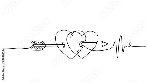 Two intertwined hearts pierced by a single arrow and connected to a continuous heartbeat line representing romantic love and lifelong commitment.