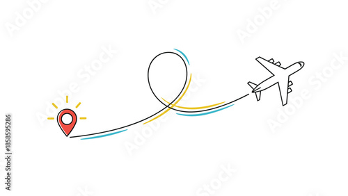 Travel concept illustration of a paper airplane flying from a red location pin along a looping path in colorful line art on white background.