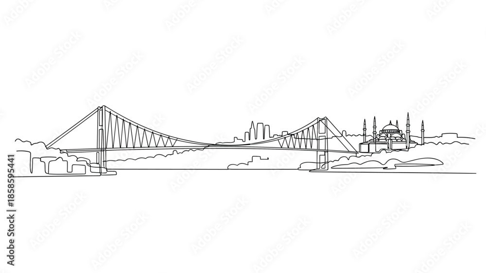 Obraz premium Continuous line drawing of the Istanbul skyline featuring the Bosphorus bridge and a historic mosque, capturing the essence of Turkey travel.