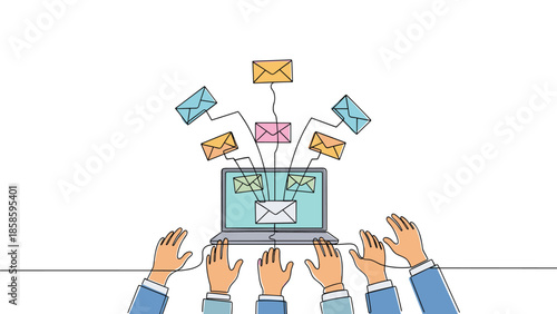 Business team hands interacting with a laptop as multiple colorful envelopes fly out of the screen, symbolizing communication and email marketing.