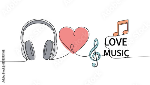 Continuous line drawing of headphones connected to a heart and musical notes with the text love music, representing passion for audio and songs.