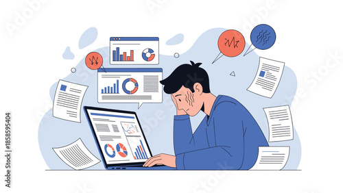 Overworked businessman feeling stressed while analyzing complex data charts and graphs on his laptop surrounded by many flying papers and documents.