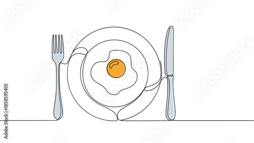 Continuous line drawing of a healthy breakfast set featuring a plate with a sunny side up fried egg, a fork, and a knife on a white background.