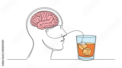 Single line drawing of a human head with a brain connected to a glass of whiskey and ice, representing alcohol consumption and its effect on mind.