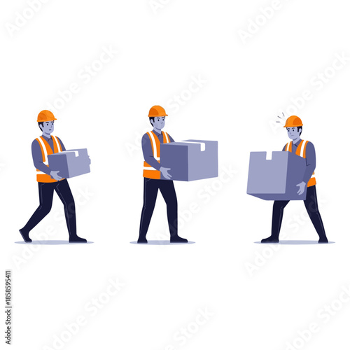 Three construction workers carrying boxes in a row.