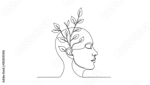 Human head profile with a leafy plant growing from the brain in a continuous line drawing, symbolizing personal growth, mental health, and nature.