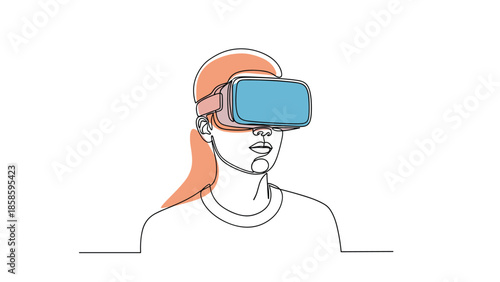Continuous line drawing of a woman wearing a virtual reality headset, exploring digital worlds and immersive technology in a modern minimalist style.