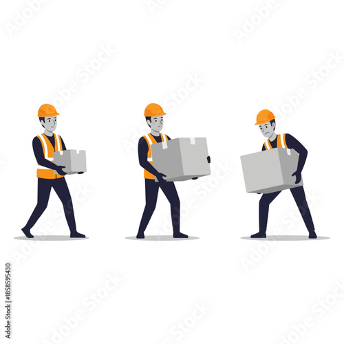 Three construction workers carrying concrete blocks.