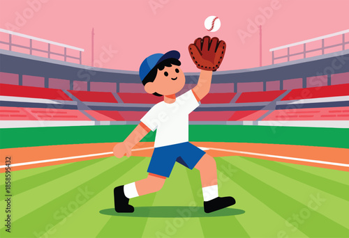 Animated player catches baseball in stadium