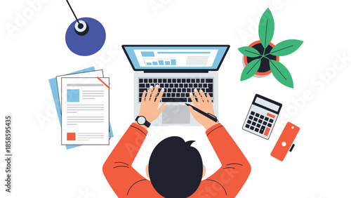 Top down view of a person working on a laptop at a organized desk with documents, a plant, a calculator, and office supplies in a flat design.