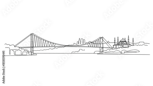 Continuous line drawing of the Istanbul skyline featuring the Bosphorus bridge and a historic mosque, capturing the essence of Turkey travel.