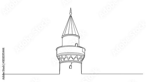 Minimalist one line drawing of a mosque minaret against a white background, symbolizing Islamic architecture, religious faith, and spiritual peace.