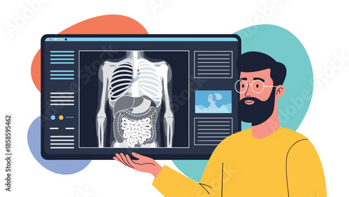 Professional doctor holding a large digital tablet displaying a detailed human anatomy scan of internal organs and ribs in a medical office.