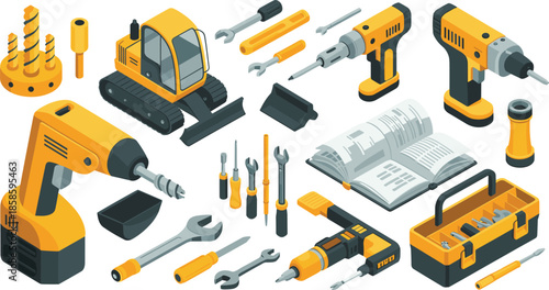 Isometric construction tools and equipment set with power drills, excavator, hand tools and toolbox, industrial building vector illustration