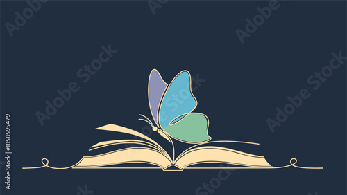 Beautiful illustration of a colorful butterfly landing on the pages of an open book, symbolizing the magic of reading and transformative knowledge.