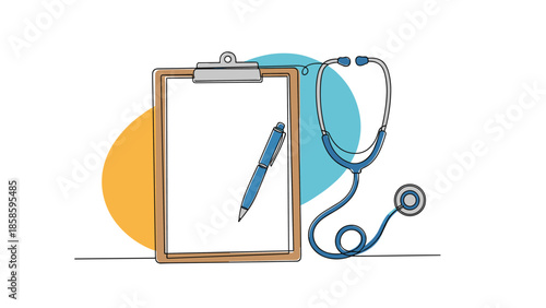 Medical examination concept featuring a clipboard with a pen and a blue stethoscope, perfect for healthcare and doctor consultation themes.