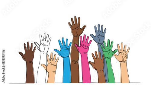 Continuous line drawing of many diverse hands raised in the air, representing volunteering, community participation, and voting.