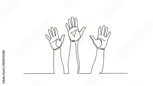 Simple continuous line drawing of three hands raised up, representing teamwork, volunteering, choice, or a group answering a question.