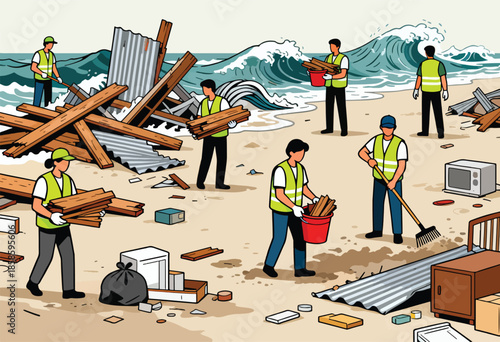Volunteers clean a debris-strewn beach with large waves in the background