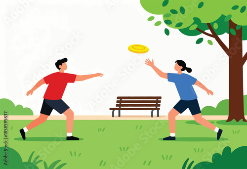 Two people play frisbee in a park with a bench and tree