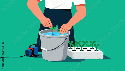 Person tending to seedlings in a bucket of water with an air pump