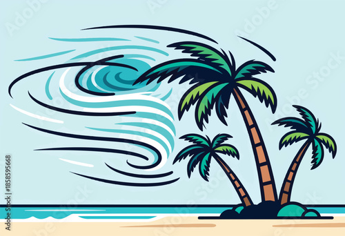 Palm trees sway violently under a swirling storm on a tropical beach