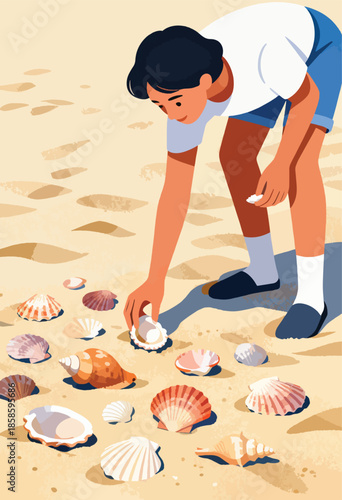 Young person collecting shells on a sandy beach