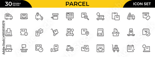 Parcel outline icon set. Delivery methods, courier, order tracking, box. Thin outline icons pack. Vector illustration