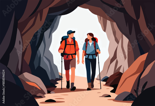 Two hikers with backpacks and poles walk out of a cave opening