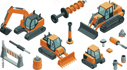 Isometric construction vehicles and heavy machinery set with excavator, bulldozer, road barriers and tools, industrial building equipment vector illustration