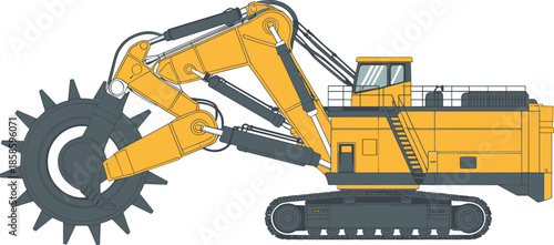 Large yellow bucket wheel excavator illustration, heavy mining and construction machinery, industrial excavation equipment, engineering vehicle vector design