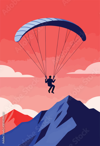 Silhouette of a paraglider soaring over jagged mountains against a vibrant, textured sky