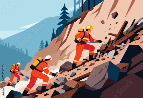 Rescuers in orange suits climb a rocky landslide, clearing debris