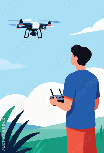 Person controls drone in a scenic landscape