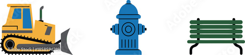 Minimal flat city icons set with bulldozer, fire hydrant and park bench, urban infrastructure and construction elements vector illustration