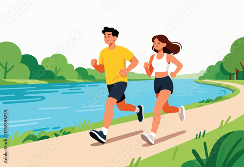 Diverse couple jogs on scenic path beside a tranquil lake surrounded by lush greenery