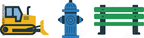Minimal flat city icons set with bulldozer, fire hydrant and park bench, urban infrastructure and construction elements vector illustration