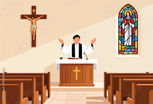 Clergy at altar with crucifix and stained-glass window