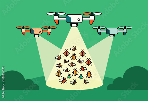 Multiple drones illuminate a swarm of colorful insects below on a green background