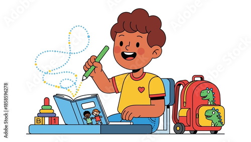 Cute Boy Student Writing at Desk - Education Illustration