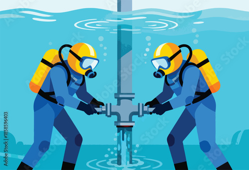 Two divers in blue suits and yellow tanks repair a leaking pipe underwater