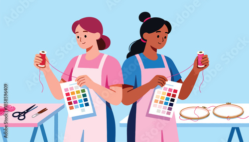 Two women enjoying needlecraft, selecting colors from swatches for their projects